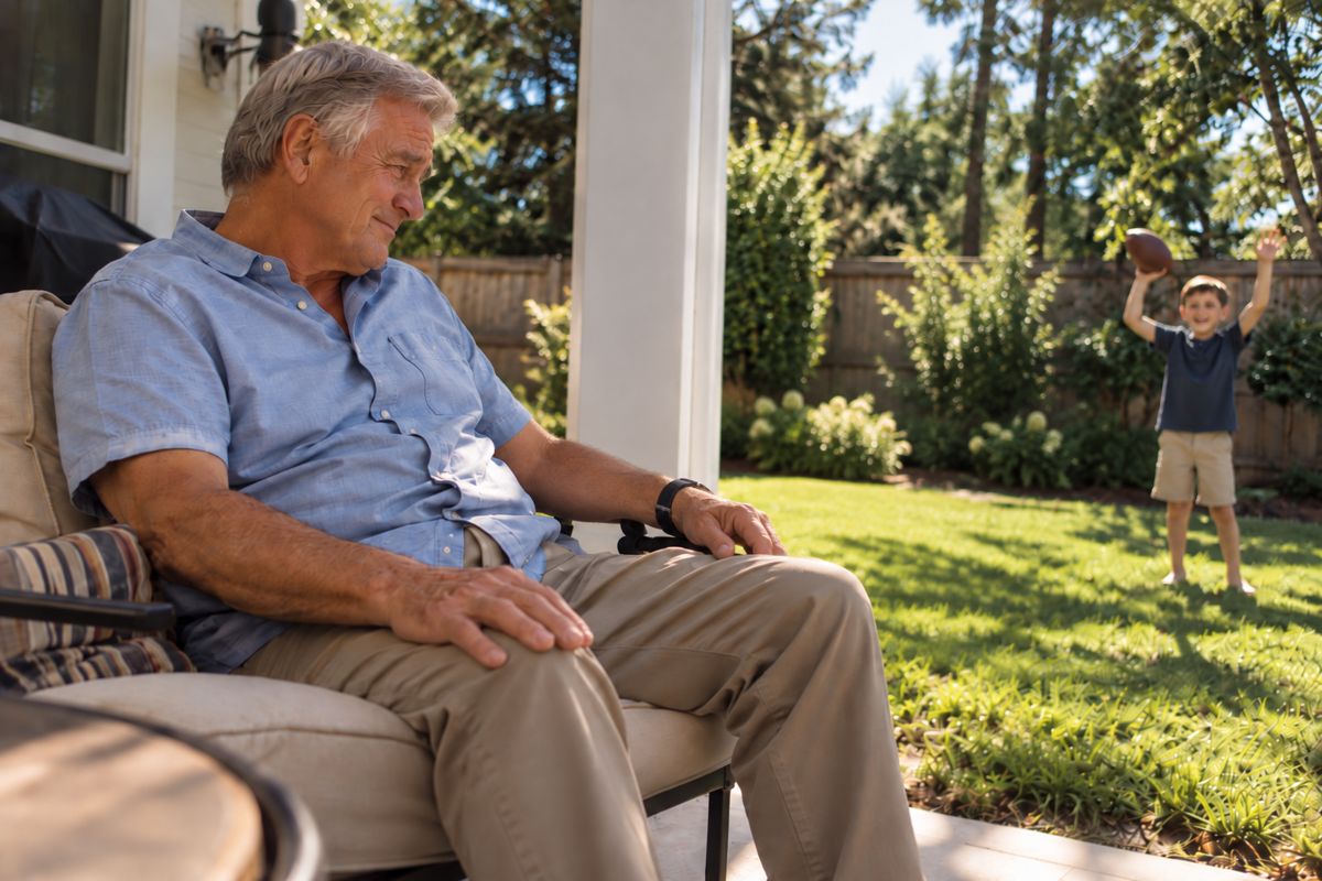 Grandfather sitting on the porch watching his grandson play in the yard
