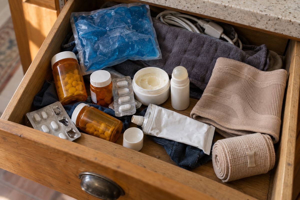 Kitchen drawer full of pill bottles, creams, an ice pack and a knee sleeve