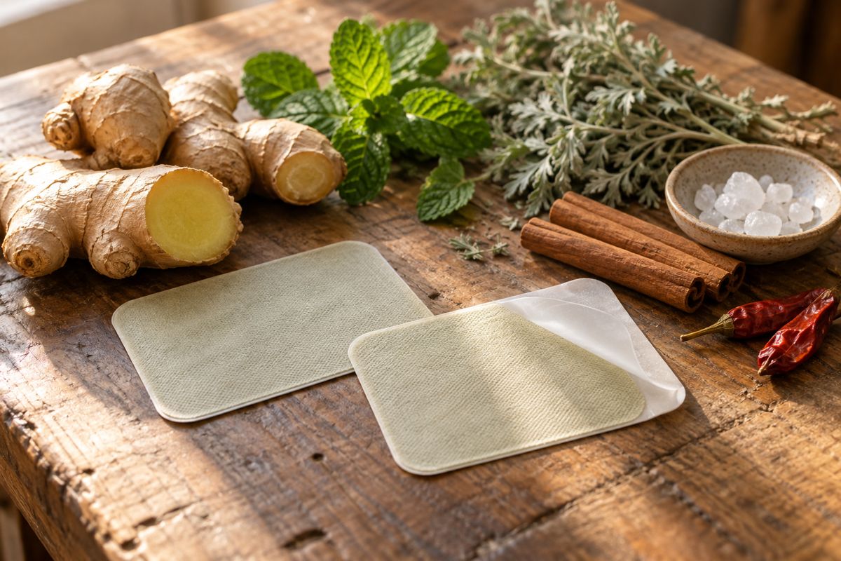 Herbal patches next to ginger, mint, wormwood, cinnamon, chili and camphor